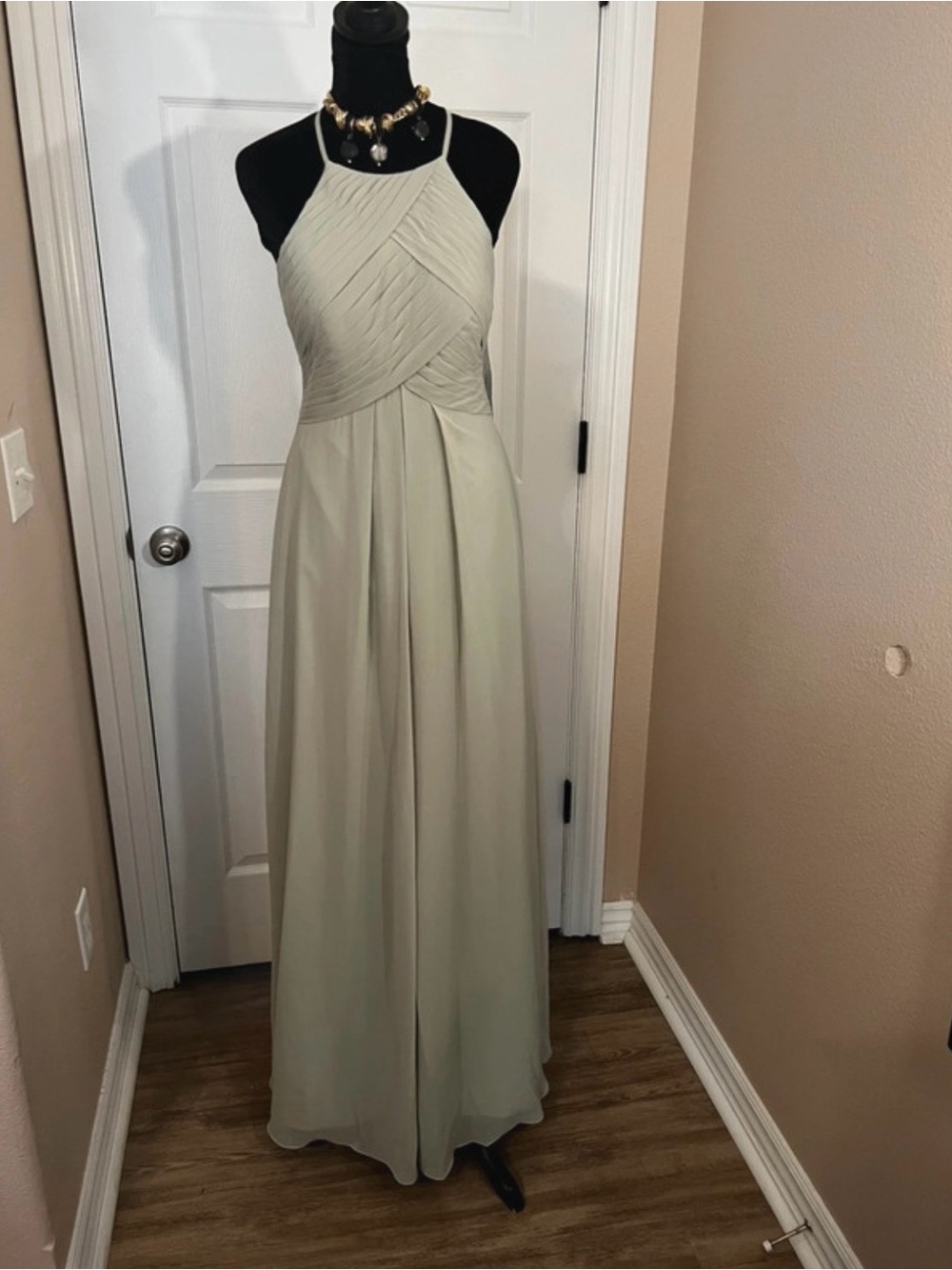 Azazie Halter Chiffon Maxi Wedding Guest Dress in Sage Green Bridesmaid